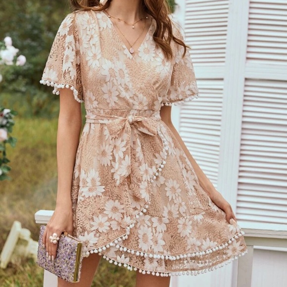 Dresses & Skirts - Embroidered boho lace pom pom dress ruffle floral